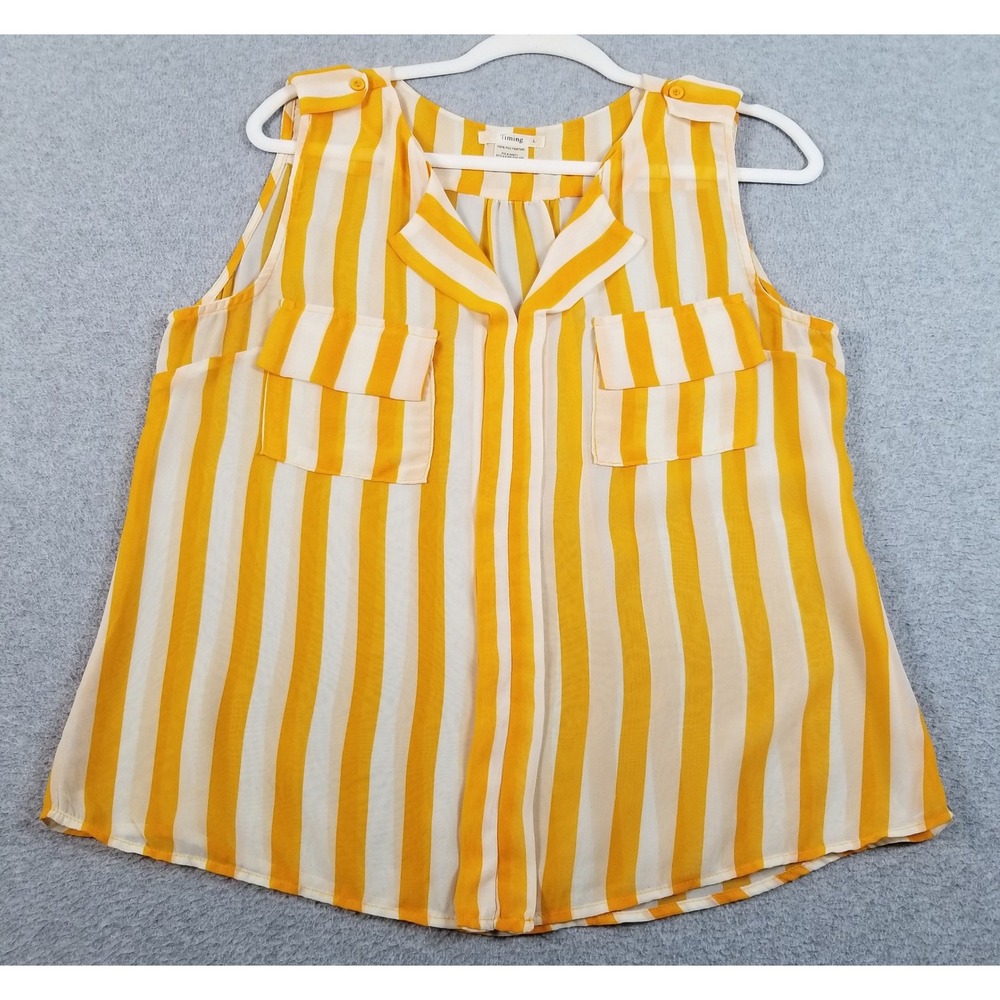 Timing Tank Top Women L Large Yellow Orange White Stripe Sheer Sleeveless Spring